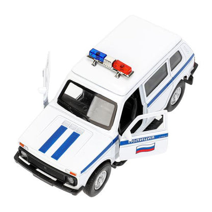 Machine en métal pour véhicule LADA 4x4 2131 ПОЛИЦИЯ 12,8 см, двер, баг, инр, кор.. Технопарк в кор.2*36шт