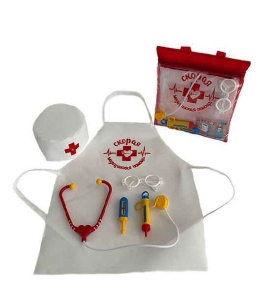 Mega Toys. Набор "Доктор" арт.МТ0303 (6 пр.:фартук,шапка,очки,градусник,шприц,стетоскоп) в сумочке