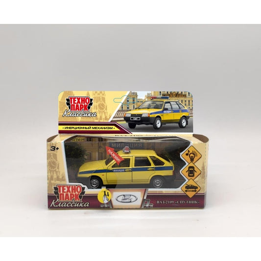 Машина металл свет-звук ваз-2109 "спутник"12см,дв,баг,инер,МИЛИЦИЯ желт,кор. Технопарк в кор.2*36шт