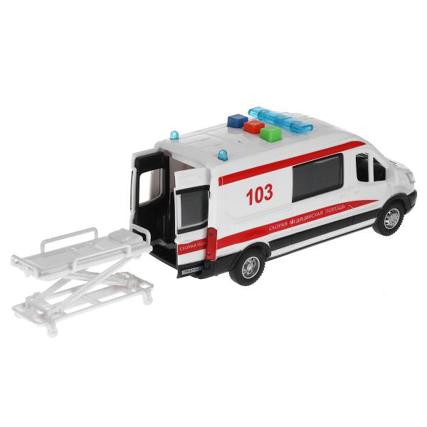 Машина пластик свет-звук FORD TRANSIT СКОРАЯ 16 см, двери, 3 кнопки, кор. Технопарк в кор.2*36шт