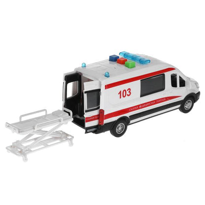 Машина пластик свет-звук FORD TRANSIT СКОРАЯ 16 см, двери, 3 кнопки, кор. Технопарк в кор.2*36шт