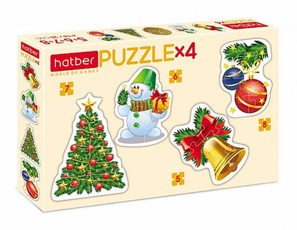 Пазлы 5-6-7-8 элементов, 4 картинки в 1 коробке, фигурные, формат А5 200х140мм Праздник к нам приходит
