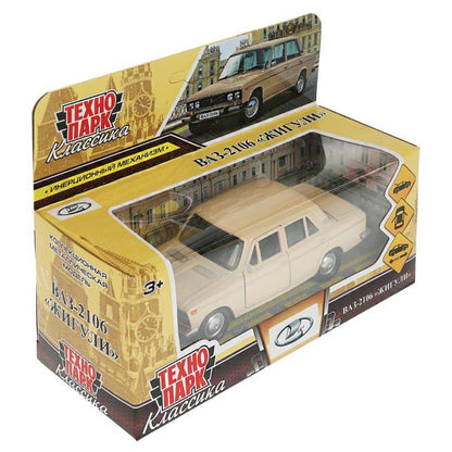 Машина металл ВАЗ-2106 ЖИГУЛИ длина 12 см, двери, багажник, инерц,бежевый, кор. Технопарк в кор.2*36шт