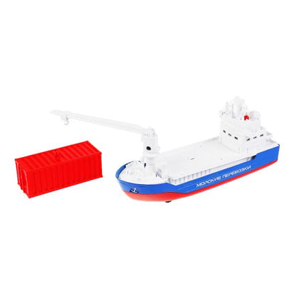 Модель металл свет-звук корабль КОНТЕЙНЕРОВОЗ 17см, подв. дет, люк, ин.,кор. Технопарк в кор.2*24шт