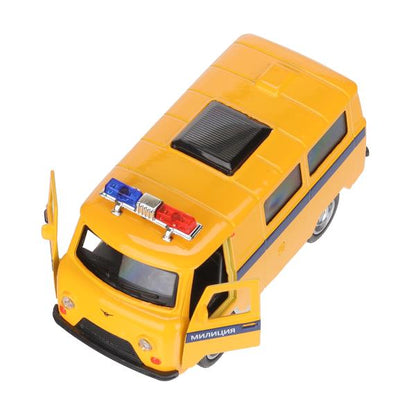 Машина металл свет-звук Уаз-452 "буханка" МИЛИЦИЯ 10,5 см,,желтый, кор. Технопарк в кор.2*36шт