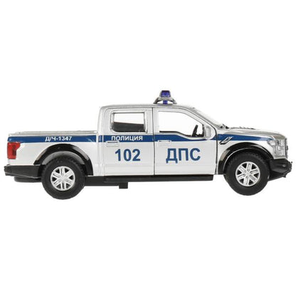 F150RAP-12POL-SR 326505 Машина металл FORD F150 RAPTOR ПОЛИЦИЯ 12 см, двери, багаж, ин, серебр, кор.