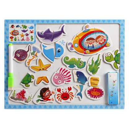 Пазл магнит. "Сюжеты" с гриф. доской для рисования с обратной стороны: набор магнитов, фломастер, мелки, в ассорт.