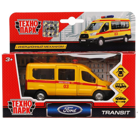Машина металл FORD Transit скорая 12см, открыв. двери, инерц. в кор. Технопарк в кор.2*24шт