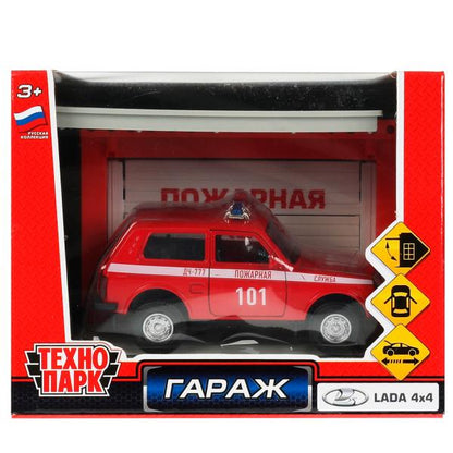 Technoparc. Garage "Пожарная часть" plastique 20,5 cm, + machine LADA 4x4, rouge, art.GARAGESMA-20PLFRI-L