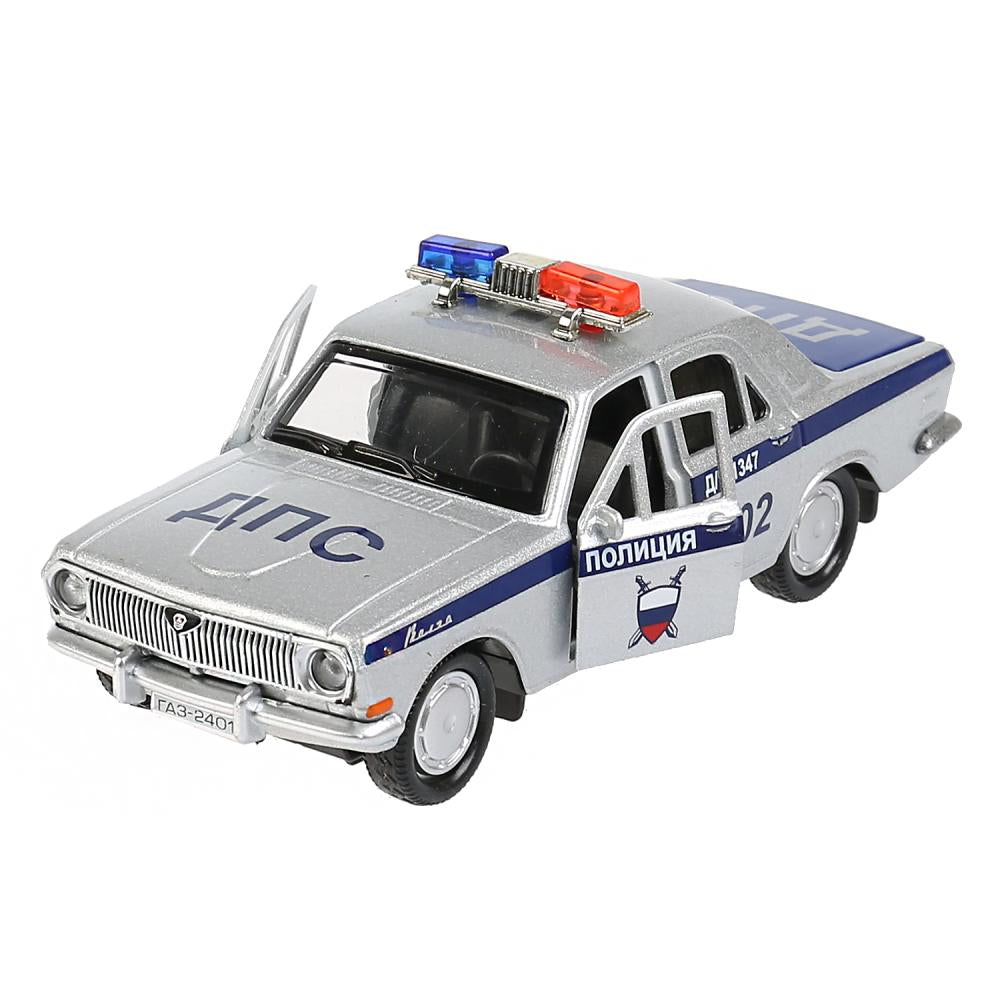 Машина металл ГАЗ-2401 ВОЛГА ПОЛИЦИЯ 12 см, двери, багаж, серебристый, кор. Технопарк в кор.2*36шт