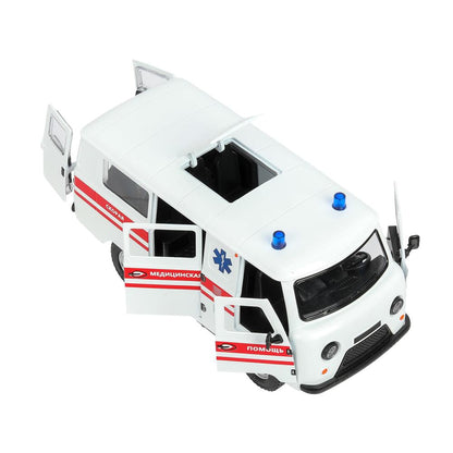 Машина металл светзвук УАЗ УАЗ 452 СКОРАЯ, 18,5 см, св-зв,дв,люк,баг,ин,бел Технопарк в кор.2*18шт