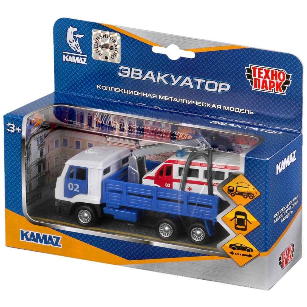 Машина металл KAMAZ ЭВАКУАТОР, 12 см, дв., подв.дет., инерц.+скорая 7,5 см Технопарк в кор.2*24шт