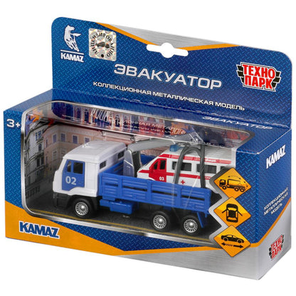 Машина металл KAMAZ ЭВАКУАТОР, 12 см, дв., подв.дет., инерц.+скорая 7,5 см Технопарк в кор.2*24шт