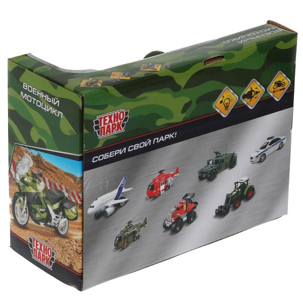 MOTOFIG-15PLMIL-GN Модель пластик свет-звук МОТОЦИКЛ ВОЕННЫЙ 15 см, 2 кноп, инерц, камуф, кор. Техно