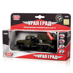 Машина металл УРАЛ -град ВОЕННЫЙ, свет+звук, открыв. двери, инерц. в кор. Технопарк в кор.2*24шт