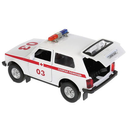 Машина металл свет-звук "LADA 4x4 СКОРАЯ" 12см, открывающаяся. двери, инерц. в кор. Технопарк в кор.2*36шт