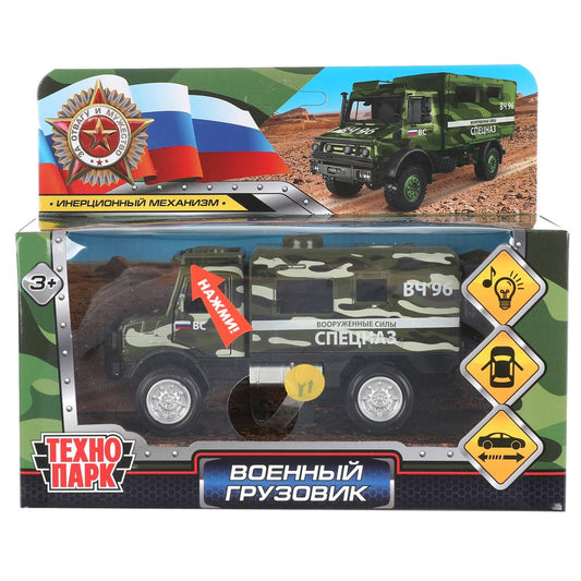 FY6066A-14SLMIL-GN306656 Машина металл свет-звук ГРУЗОВИК ВОЕННЫЙ КАМУФЛЯЖ 14 см, двери, зелен, кор.