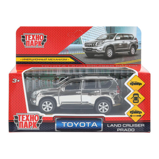 Машина металл TOYOTA PRADO ХРОМ 12 см, двери, багажник, инерц, серебро, кор. Технопарк в кор.2*36шт