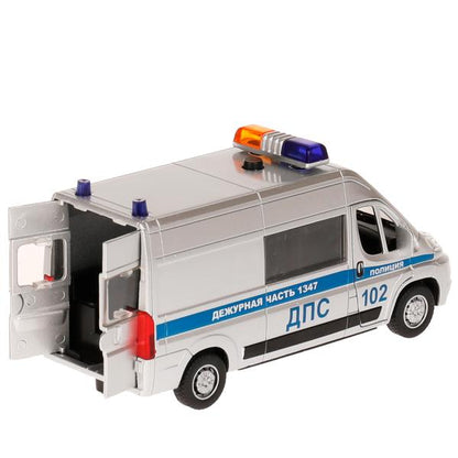 JUMPER-14POL-SRМашина металл CITROEN JUMPER ПОЛИЦИЯ 14 см, дверь, сумка, инер, серебр, кор. Технопарк в