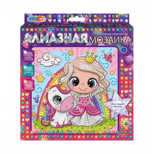 Алмазная мозаика 20*20 см принцесса и единорог МУЛЬТИ АРТ в кор.48шт