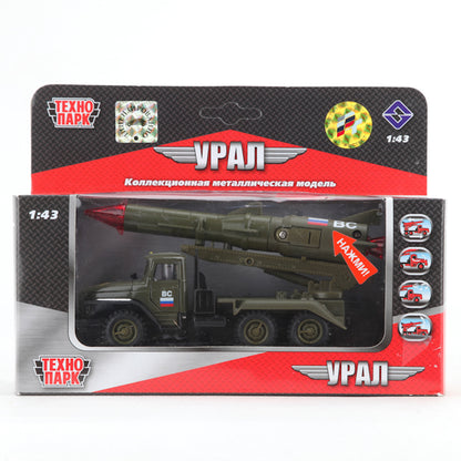 Машина металл УРАЛ против с ракетой 15 см, дв., капот, подв. дет., инерц., кор. Технопарк в кор.2*24шт