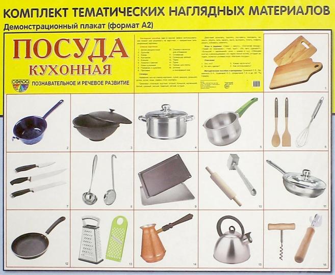 Дем. картинки СУПЕР Посуда кухонная.16 демонстрационных картинок с текстом на обороте (учебно-методическое пособие с комплектом демонстрационного материала 173х220 мм, познавательное и речевое развит