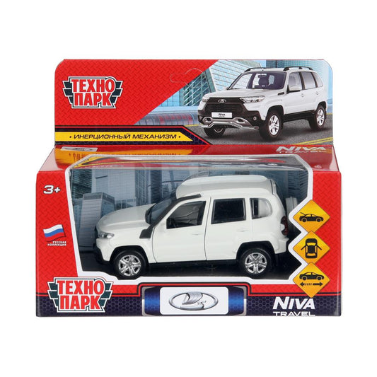 Машина металл LADA NIVA travel 12 см, двери, инер,белый, кор. Технопарк в кор.2*36шт