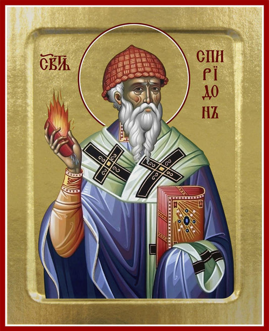 Икона Спиридона Тримифунтского, святителя (фиолетовое облачение с огнем) (на дереве): 125 х 160