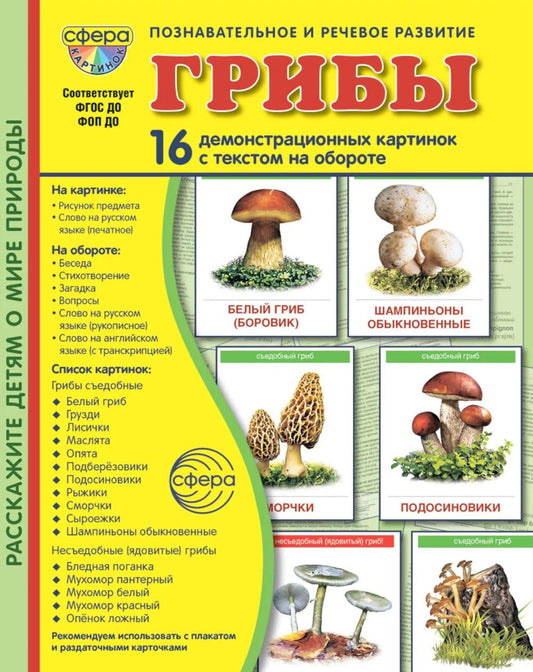 Дем. картинки СУПЕР Грибы. 16 демонстрационных картинок с текстом В ПАПКЕ (173х220 мм)
