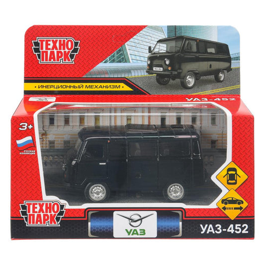 Машина металл уаз-452 "буханка" 10,5 см, двери, инерц, черный, кор. Технопарк в кор.2*36шт