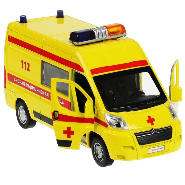 Машина металл CITROEN JUMPER РЕАНИМАЦИЯ 14 см, двер, баг, инер, желтая, кор. Технопарк в кор.2*36шт