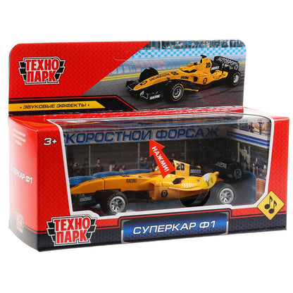 F1-14RE-S 297503 Машина металл "Суперкар Ф-1", длина 14см, звук, желтый, на русс. кор. Технопарк в