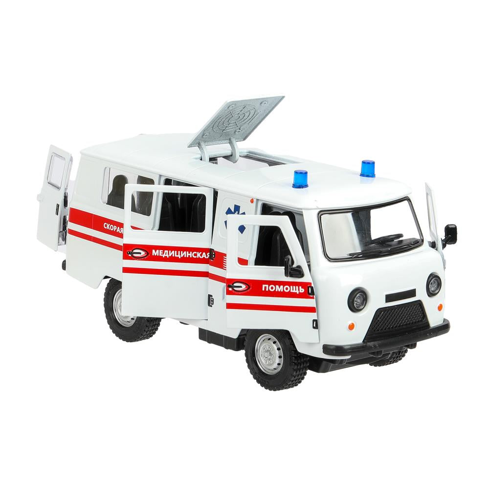 Машина металл светзвук УАЗ УАЗ 452 СКОРАЯ, 18,5 см, св-зв,дв,люк,баг,ин,бел Технопарк в кор.2*18шт