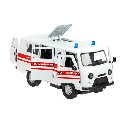 Машина металл светзвук УАЗ УАЗ 452 СКОРАЯ, 18,5 см, св-зв,дв,люк,баг,ин,бел Технопарк в кор.2*18шт