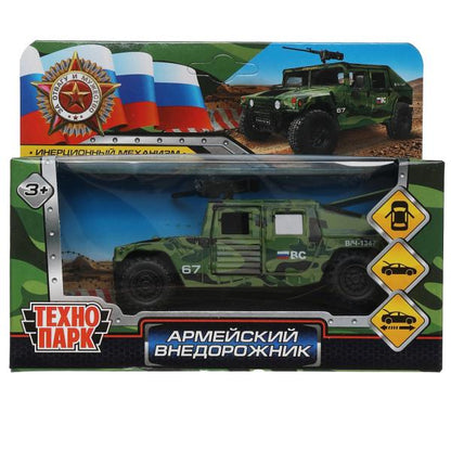 Машина металл АРМЕЙСКИЙ ВНЕДОРОЖНИК 12 см, двери, багажн, камуф, kor. Parc technologique dans le cor.2*36шт
