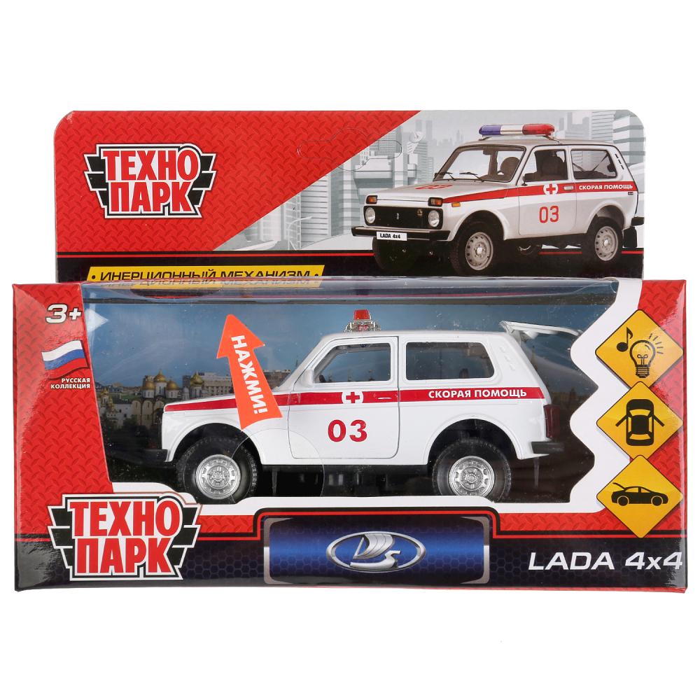 Машина металл свет-звук "LADA 4x4 СКОРАЯ" 12см, открывающаяся. двери, инерц. в кор. Технопарк в кор.2*36шт