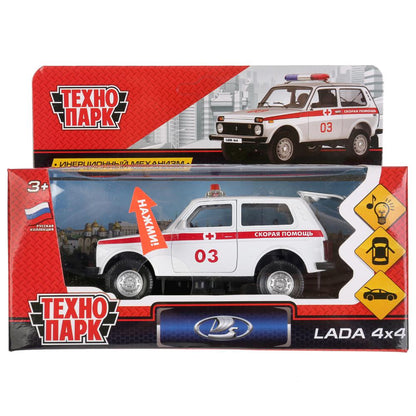 Машина металл свет-звук "LADA 4x4 СКОРАЯ" 12см, открывающаяся. двери, инерц. в кор. Технопарк в кор.2*36шт