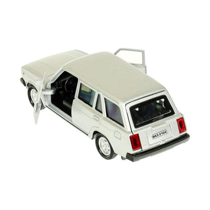 Машина металл ВАЗ-2104 ЖИГУЛИ 12 см, двери, багажник, инерц, серебристая, кор. Технопарк в кор.2*36шт