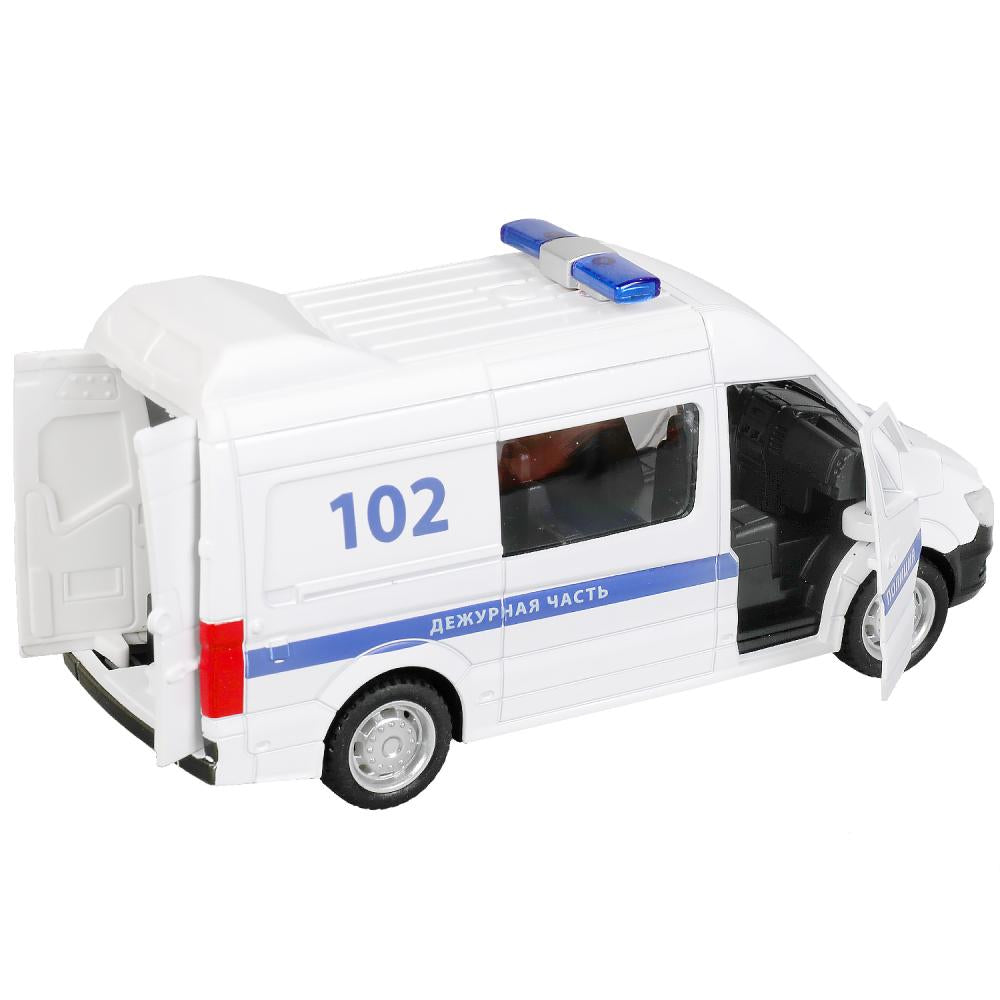 Машина металл свет-звук ПОЛИЦИЯ 14,5 см, двери, багаж, инерц, бел, кор. ТЕХНОПАРК в кор.2*36шт
