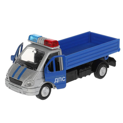 Машина металл ГАЗЕЛЬ 3302 САМОСВАЛ ПОЛИЦИЯ, 12 см, дв., баг., инерц., кор. Технопарк в кор.2*24шт