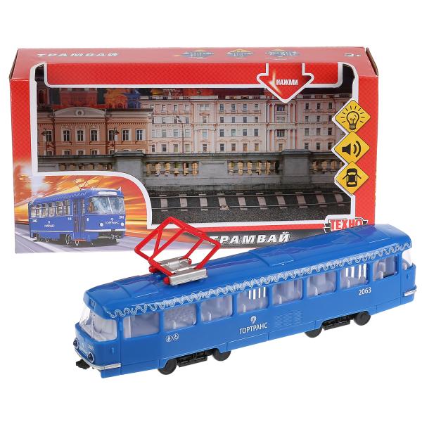 CT12-428-2-BL (24) Модель пластик свет-звук ТРАМВАЙ, 24 см, двери, синий, кор. Технопарк в кор.2*12ш
