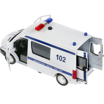 Машина свет-звук MERCEDES-BENZ SPRINTER ПОЛИЦИЯ, 14 см, свет-звук, двер, ин, Технопарк в кор.2*32шт