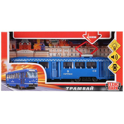 CT12-428-2-BL (24) Модель пластик свет-звук ТРАМВАЙ, 24 см, двери, синий, кор. Технопарк в кор.2*12ш