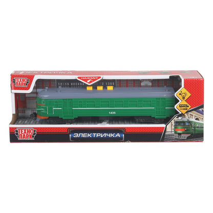Модель пластик свет-звук ЭЛЕКТРИЧКА 20 см, 3 кнопки,зеленый с белым, кор. Технопарк в кор.48шт