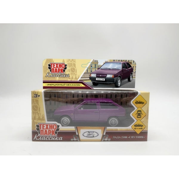 Машина металл ВАЗ-2108 "СПУТНИК" 12 см, двери, багажник, баклажан, в кор. Технопарк в кор.2*36шт