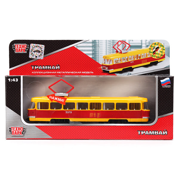 ТРАМВАЙ "ТЕХНОПАРК" МЕТАЛЛ. ИНЕРЦ. 1:43, СВЕТ+ЗВУК, ОТКРЫВ. ДВЕРИ В РУСС. КОР. 16,5СМ в кор.2*24шт