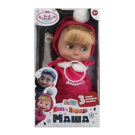 Кукла на бат озвучка Маша и Медведь маша 25 см, озвучка, зимняя одежда, кор КАРАПУЗ в кор.18шт