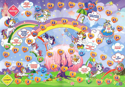 Настольная игра-бродилка. В стране радужных единорогов. (игровое поле, 4 фишки, 1 кубик)