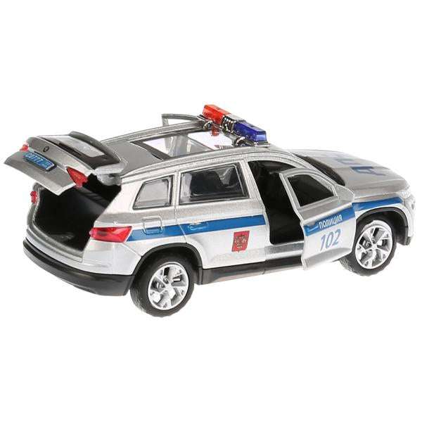 La machine en métal "SKODA KODIAQ ПОЛИЦИЯ", d'une durée de 12 cm, s'ouvre à deux, un bagage, un moteur. Parc technologique dans le cor.2*36шт