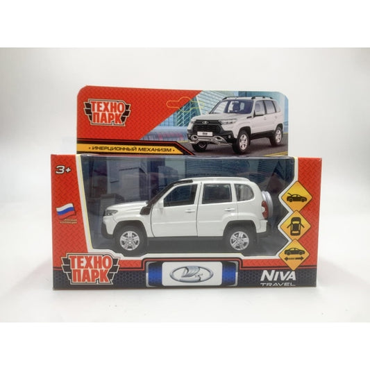 Машина металл LADA NIVA travel 12 см, двери, инер,белый, кор. Технопарк в кор.2*36шт
